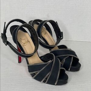Christian Louboutin Zoupi Ankle Wrap Zipper Trim Black Leather Heels
